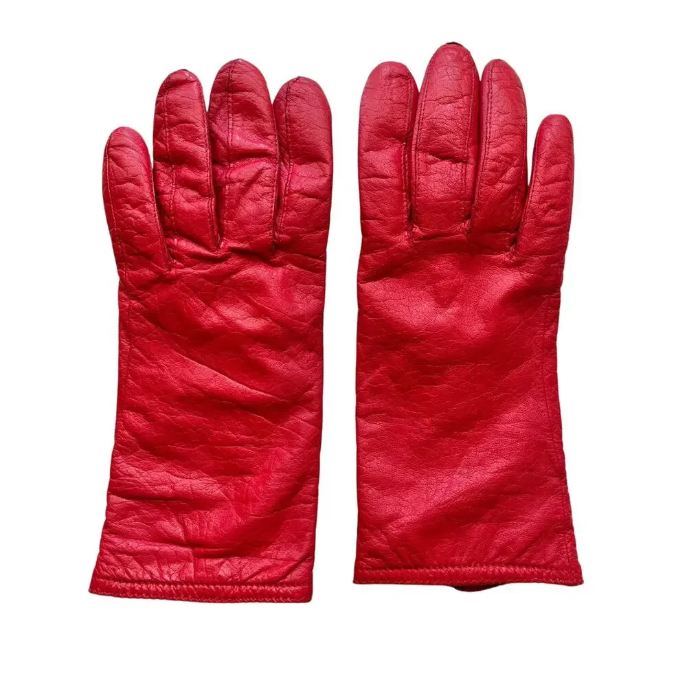 Vintage Red Leather Grandoe Warm Knit Lined Womens Wrist Gloves Size M